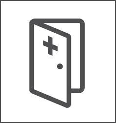 A simple line drawn icon of an open door labeled with a medical plus symbol
