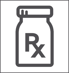Line art icon of a prescription bottle with the letters R X on it