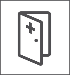 A simple line drawn icon of an open door labeled with a medical plus symbol