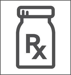 Line art icon of a prescription bottle with the letters R X on it